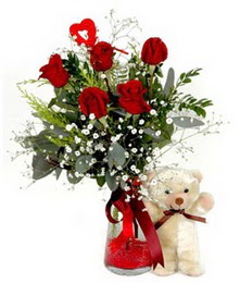  �i�ek�i Eryaman cicekciler , cicek siparisi  5 adet kirmizi g�l ve pelus ayicik kalp �ubuk