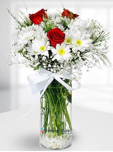 3 k�rm�z� g�l ve krizantemler camda  Eryaman �i�ek�i ankaraya �i�ek yolla �i�ek�iler 