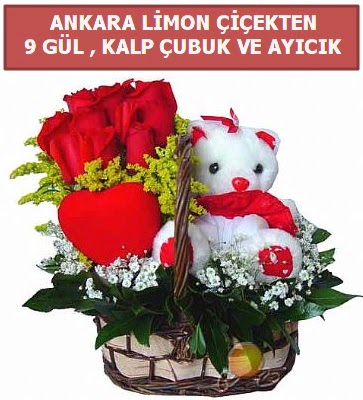 Kalp �ubuk sepette 9 g�l ve ay�c�k  Eryaman �i�ek g�venli kaliteli h�zl� �i�ek  