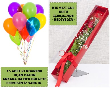 15 Adet u�an balon ve kutuda k�rm�z� g�l  Eryaman �nternetten �i�ek sipari�i 