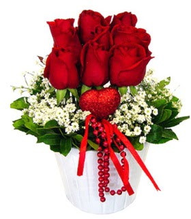 9 k�rm�z� g�l seramik ve kalp �ubuk  Eryamandaki �i�ek�iler kaliteli taze ve ucuz �i�ekler 