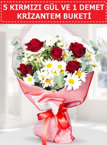 5 adet k�rm�z� g�l ve krizantem buketi  Eryaman �i�ek g�nderme sitemiz g�venlidir 