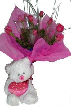 dokuz adet g�l  ve ayicik   Eryamandaki �i�ek�iler kaliteli taze ve ucuz �i�ekler 