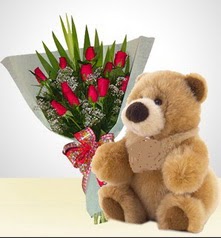 12 adet yapay g�l ve 40 cm civarinda ayi  ankara �i�ek�i Eryaman �i�ek�i ma�azas� 