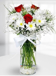3 k�rm�z� g�l ve krizantemler camda  Eryaman �i�ek�i ankaraya �i�ek yolla �i�ek�iler 