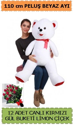 110 cm beyaz kocaman pelu� ay� ve 12 g�l  Eryamandaki �i�ek�iler kaliteli taze ve ucuz �i�ekler 